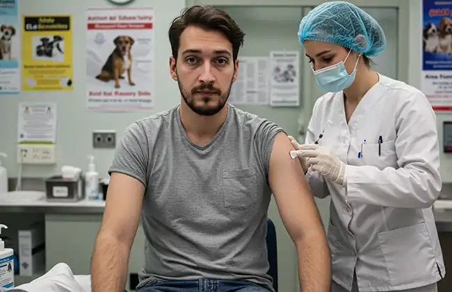 Man receiving a vaccination shot, part of medical treatment after a dog bite