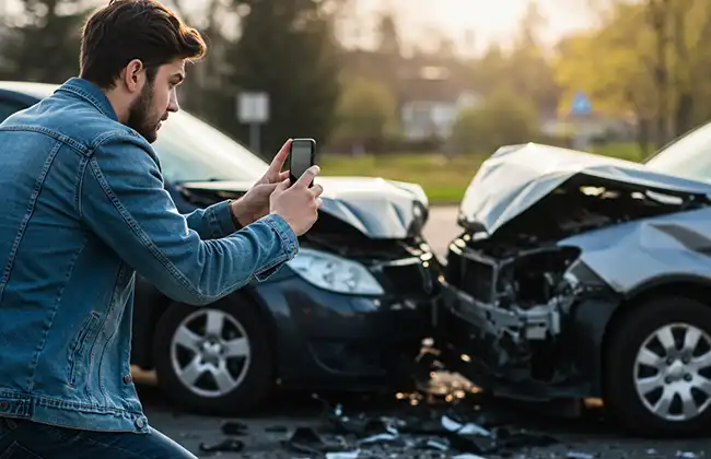 Man taking photos of a two-car crash scene with visible front-end damage