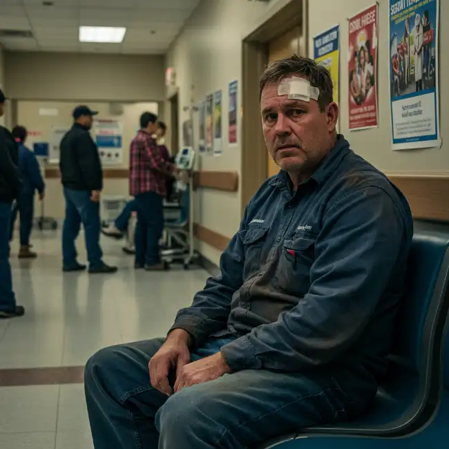 Truck driver sitting in a hospital waiting area after being injured in a truck accident in Corona