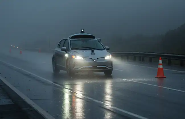 Waymo self-driving car navigating a wet, foggy road with low visibility and traffic cones