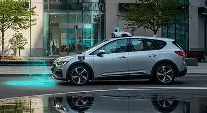 Waymo self-driving car using LiDAR sensors to scan the road environment with digital mapping effects