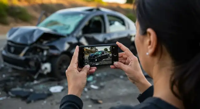 Victim taking a photo of their car accident in Sutter County for for documentation