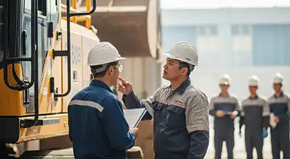 Workers discussing a safety issue in heavy machinery in the workplace