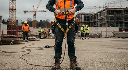 A construction worker on a job site adjusts a safety harness