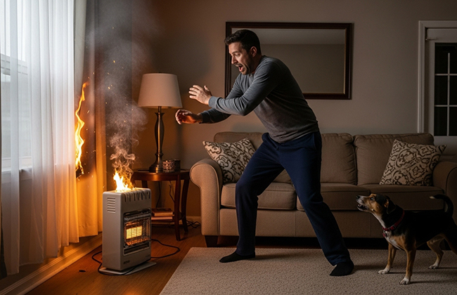 A man panics as a space heater catches fire in a living room
