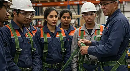 A safety instructor demonstrates fall protection equipment to a group of workers