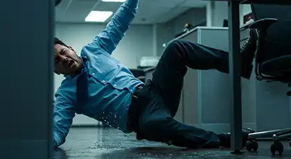 An office worker slips on a wet floor and falls backward in pain