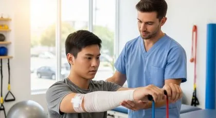 Man receiving physical therapy for his injuries