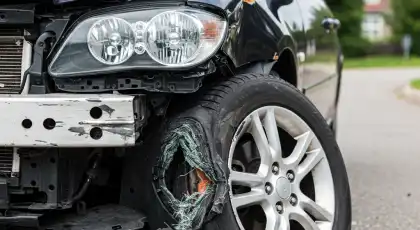 Close-up of a black car with severe front-end damage caused by a blown-out tire