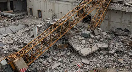 Collapsed construction crane lying on top of rubble and debris at a damaged building site