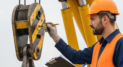 Construction worker wearing a hard hat and safety vest inspecting a crane hook