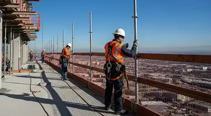 Construction workers wearing safety gear inspect and work near the edge of a high-rise building