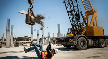 Crane debris falling and striking a construction worker