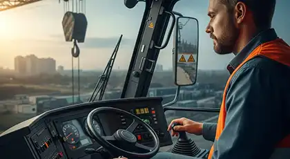 Crane operator wearing a safety vest inside the crane cab