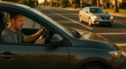 Distracted driver checking phone while exiting a driveway into oncoming traffic.