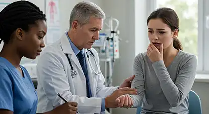 Doctor examines concerned woman after accident