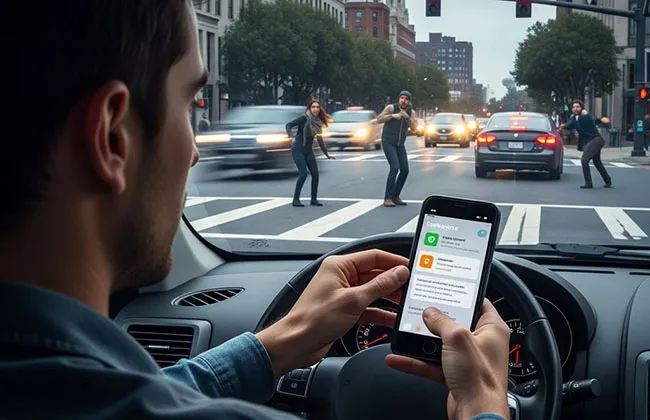 Driver looking at Lyft app notifications while approaching a crosswalk with pedestrians