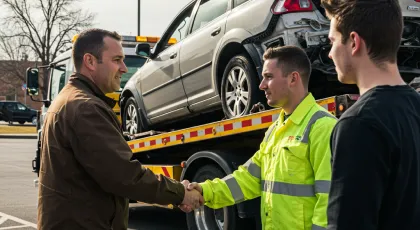 Driver shaking hands with a tow truck operator after an accident involving vehicle damage