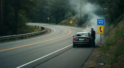Driver using a call box on a remote highway with smoke rising from a broken-down vehicle