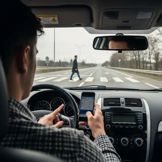 Driver using a smartphone while driving does not notice a pedestrian in the crosswalk in Long Beach