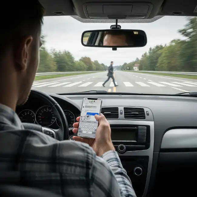 Driver using a smartphone while driving does not notice a pedestrian in the crosswalk