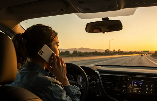 Driver using a smartphone while driving on an open highway in Garden Grove
