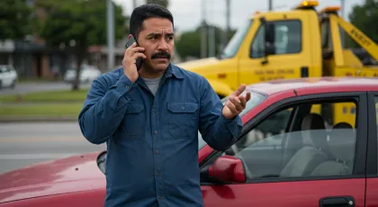 Frustrated driver talking to the insurance company on the phone after an accident