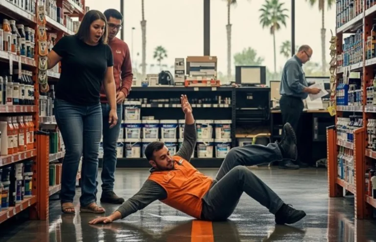 Home Depot employee slipping and falling in store aisle with concerned customers nearby
