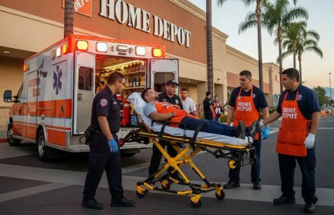 Injured Home Depot employee being taken to an ambulance by paramedics outside the store