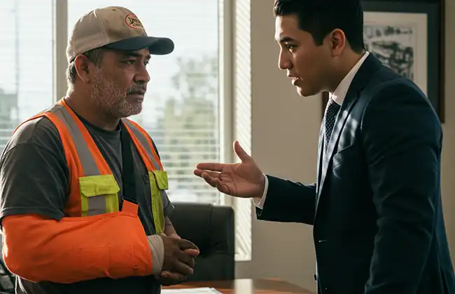 Injured worker speaking to an attorney about his legal options after a skylight accident