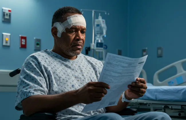 Injured man in hospital gown reviewing medical or legal documents