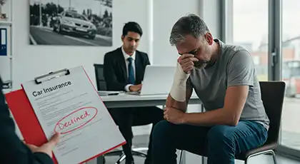 Injured man reacts to denied car insurance claim at lawyer’s office