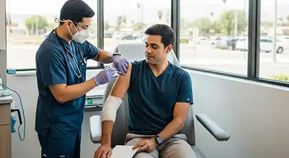 Injured man receives medical treatment from a healthcare worker in a clinic after a dog bite incident