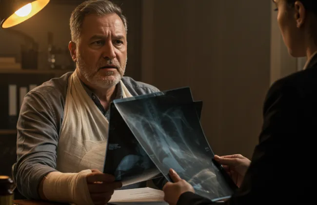 Accident victim discussing his injuries with a lawyer