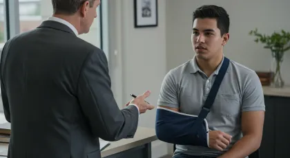 Injured man with arm in a sling speaking to an insurance representative without legal representation