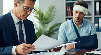 Injured man with arm sling and head bandage consulting a lawyer about a car accident claim