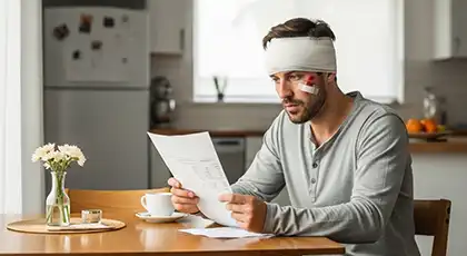 Injured man with head bandage reviewing medical or legal documents at home after a car accident