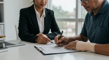 Injured victim getting legal advice from an attorney about a potential lawsuit