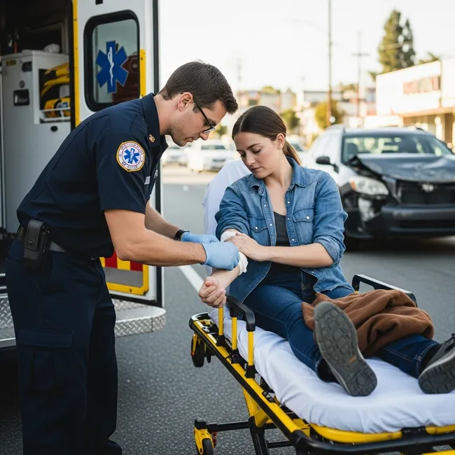 Injured woman getting treatment from a first responder after a Lyft accident in Salinas