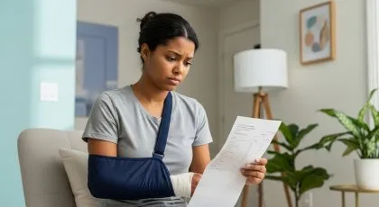 Injured woman reviewing medical bills at home with her arm in a sling