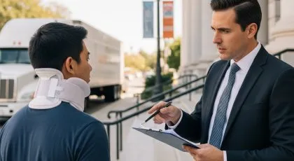 Lawyer discusses a truck accident case with an injured person outside a courthouse