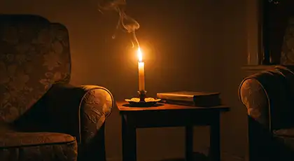 Unattended lit candle near a chair with flammable material