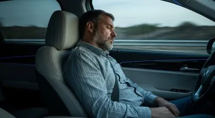 Man asleep behind the wheel of a self-driving car