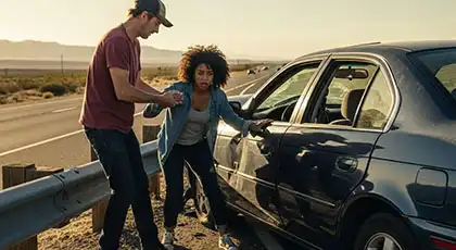 Witness helping a car accident victim to safety