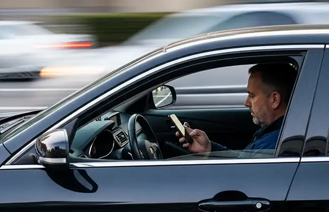 Man driving a black car while looking down at a smartphone in Corona