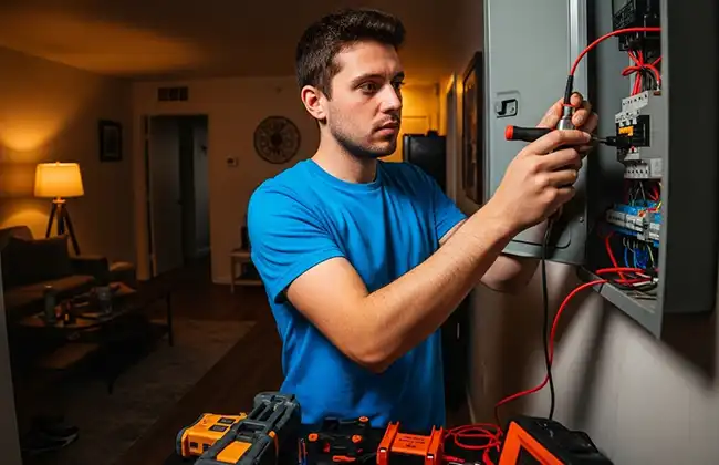 Man inspecting electrical panel with tools