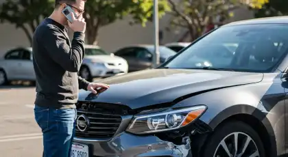 Man on phone standing next to a parked car with front-end damage after a hit-and-run accident in a parking lot