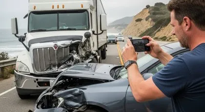 Man takes a photo of a collision between a car and a large truck on a coastal highway after an accident