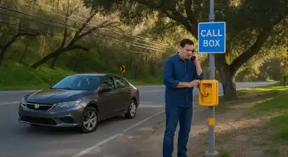 Man using a freeway call box on a rural roadside for emergency assistance after a vehicle breakdown