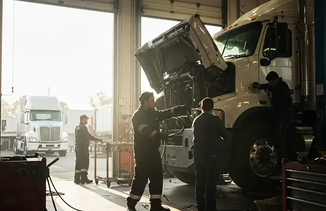 Mechanics inspect and repair a large truck inside a service garage